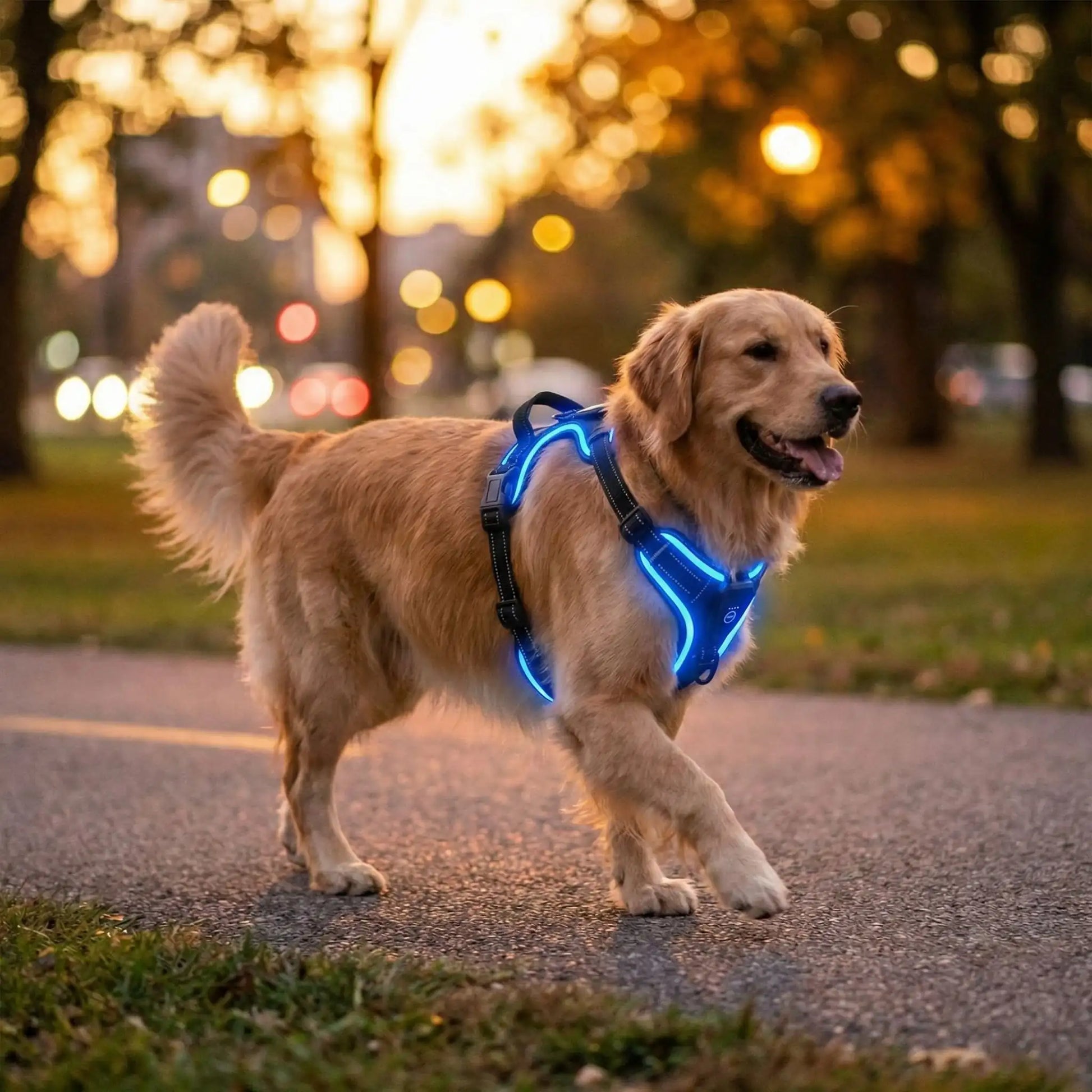 Golden Retriever marchant au crépuscule avec un harnais anti traction chien LED bleu.