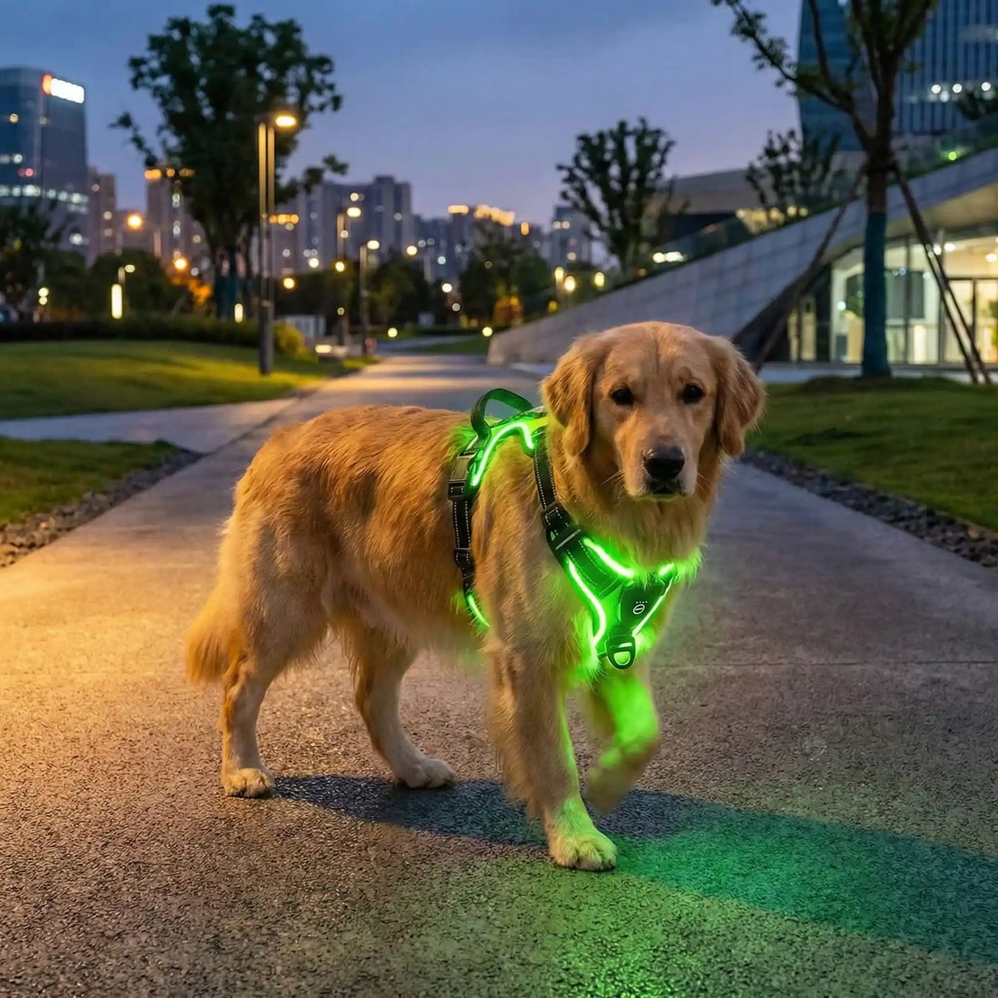 Golden Retriever de profil portant un harnais anti traction chien LED vert sur un chemin.