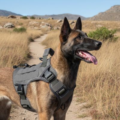 Malinois sur un chemin de montagne avec un harnais anti traction chien gris anthracite.
