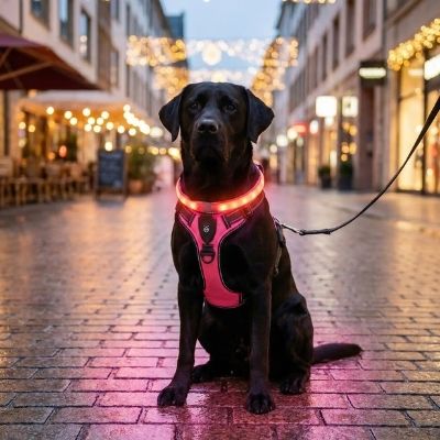 Labrador noir assis dans une rue illuminée portant un harnais anti traction chien rose.