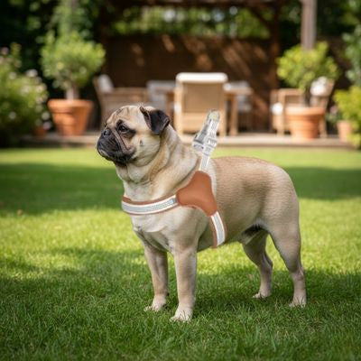 Carlin dans un jardin ensoleillé portant un harnais anti traction chien marron clair.