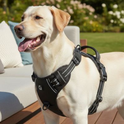 Gros plan d'un Labrador beige avec son harnais anti traction chien noir.