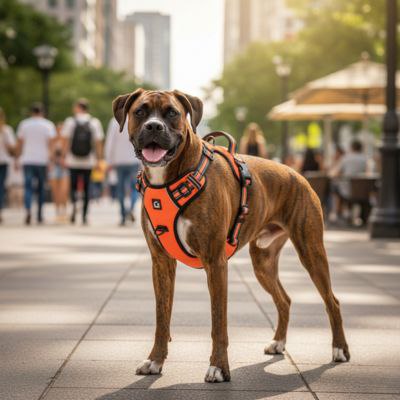 Chien Boxer musclé portant le harnais anti traction chien orange en ville.