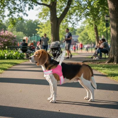 Beagle de profil dans un parc portant un harnais anti traction chien rose vif réfléchissant.