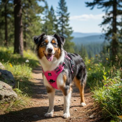 Berger Australien en forêt avec un harnais anti traction chien rose vif.