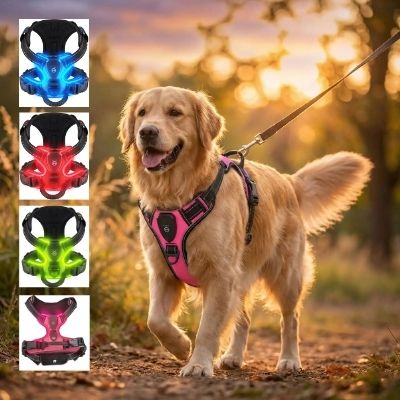 Golden Retriever avec harnais anti traction chien rose et options bleu, rouge et vert.