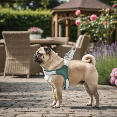 Chien Carlin debout sur une terrasse portant un harnais anti traction chien vert foncé.