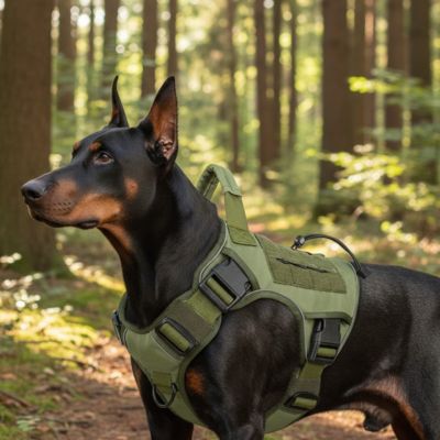 Dobermann de profil en forêt avec un harnais anti traction chien vert kaki robuste.