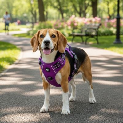 Chien Beagle portant un harnais anti traction chien violet dans une allée.