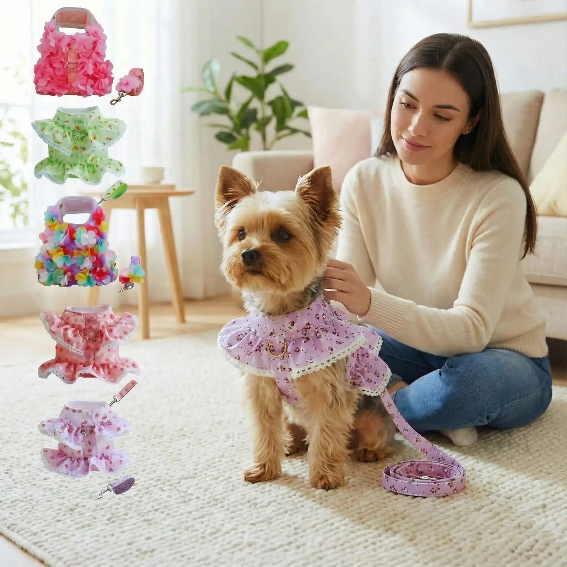 Femme ajustant un harnais chien fleuri violet sur un Yorkshire Terrier avec laisse assortie.