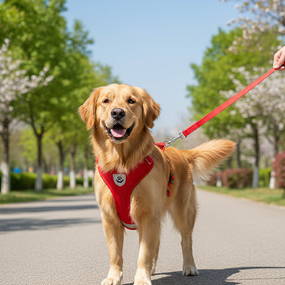 Un Golden Retriever heureux en promenade dans un parc, portant son harnais chien rouge assorti à sa laisse pour un contrôle optimal.