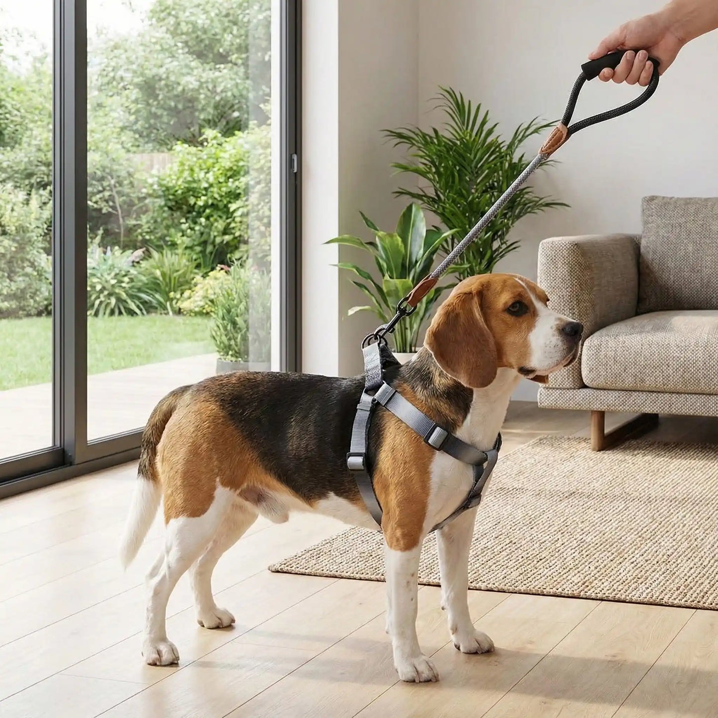 Chien Beagle en intérieur portant un harnais chien gris avec une laisse assortie.
