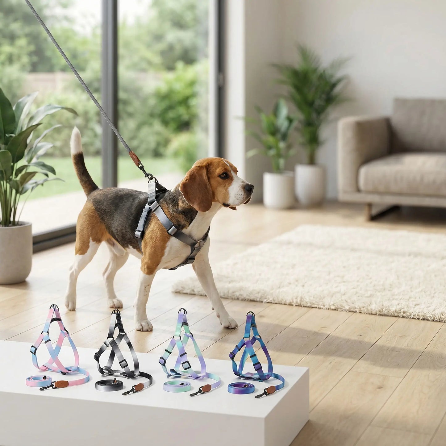 Beagle portant un harnais chien gris réglable avec sa laisse assortie dans un salon.