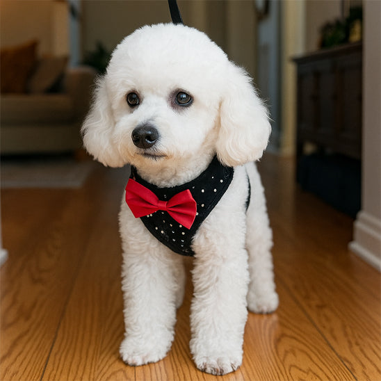 Caniche blanc debout dans un couloir avec un harnais chien noir à pois et nœud rouge.