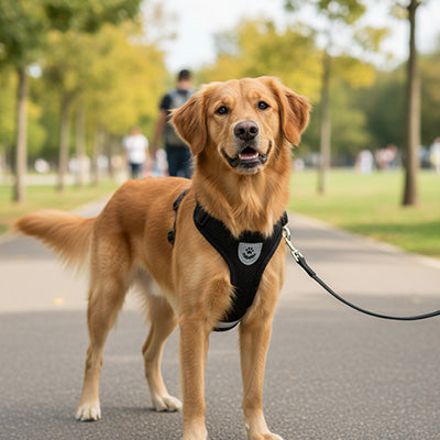 Portrait d'un Golden Retriever portant un harnais chien noir réglable lors d'une sortie quotidienne en extérieur.