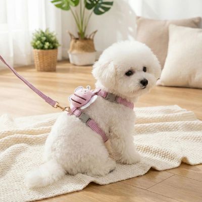 Bichon frisé de profil portant un harnais chien rose avec une petite abeille décorative.