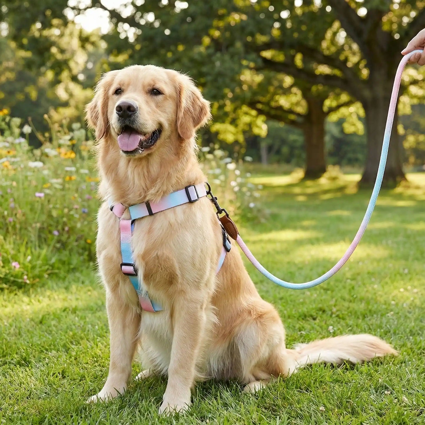 Golden Retriever assis portant un harnais chien dégradé rose et bleu ciel dans un jardin.