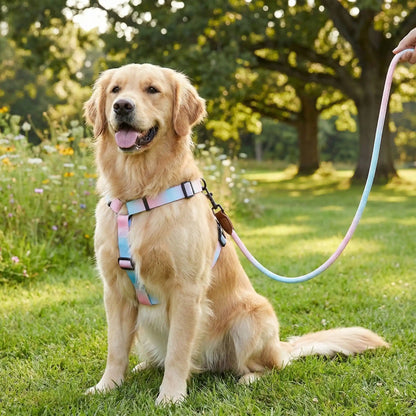 Golden Retriever assis portant un harnais chien dégradé rose et bleu ciel dans un jardin.
