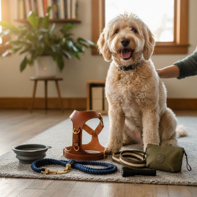 Un Labradoodle assis sur un tapis entouré d'accessoires de promenade premium : harnais en cuir, laisse en corde bleue et pochette de friandises.