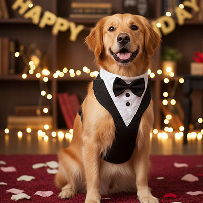 Golden Retriever en harnais pour chien chic devant une bannière Happy Birthday et des lumières.