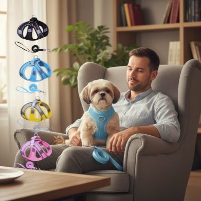 Petit chien assis sur les genoux d’un homme dans un fauteuil, portant un harnais pour chien bleu, avec des options de harnais colorés à gauche.