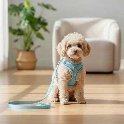 Caniche Toy présentant le harnais pour chien bleu pastel modèle V1 bleu.