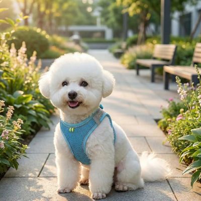 Bichon frisé assis sur un chemin de parc avec un harnais pour chien bleu respirant.