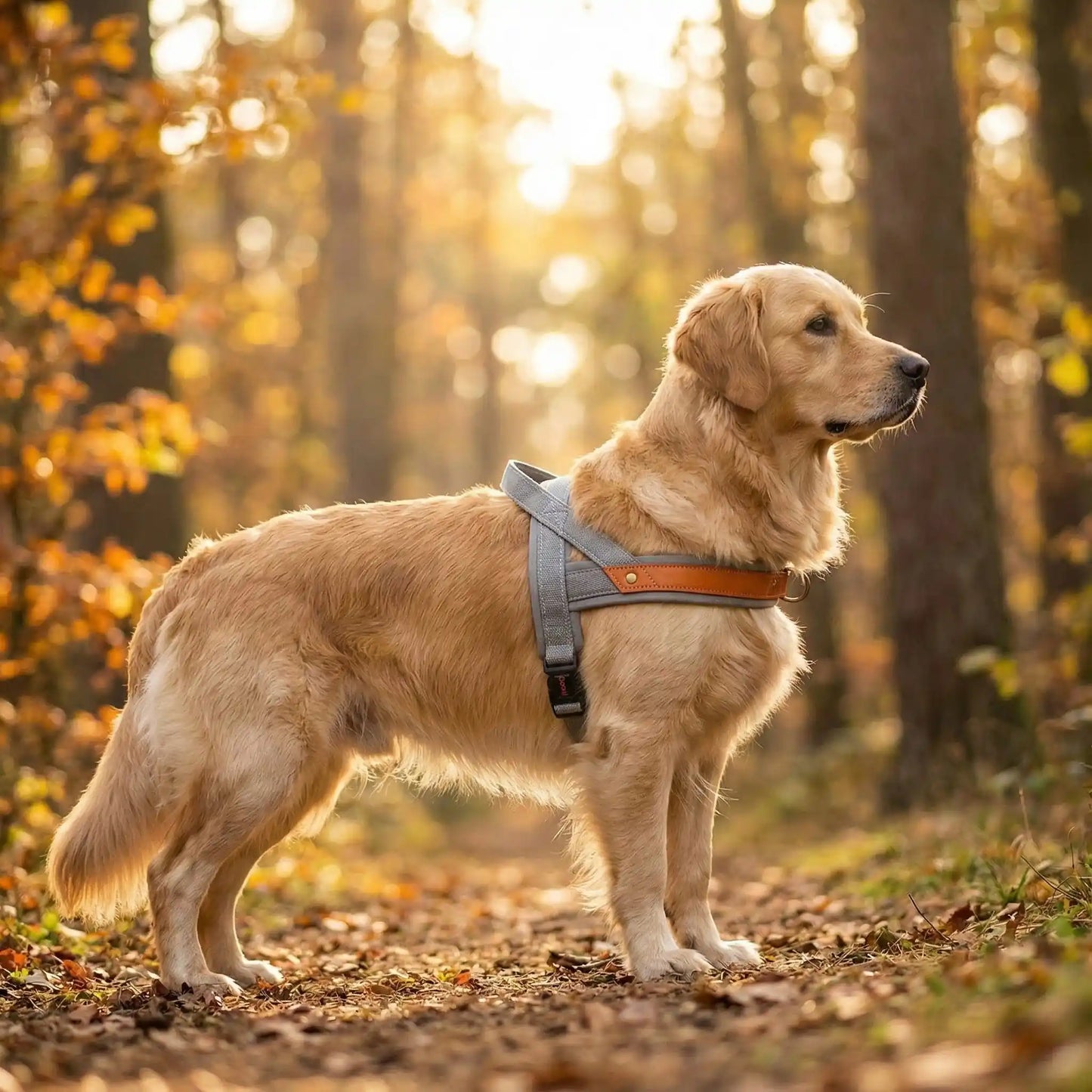 Golden Retriever en forêt portant un harnais pour chien gris et cuir marron.