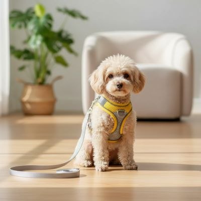 Caniche Toy avec le harnais pour chien jaune et gris modèle V2 Jaune ultra-respirant.