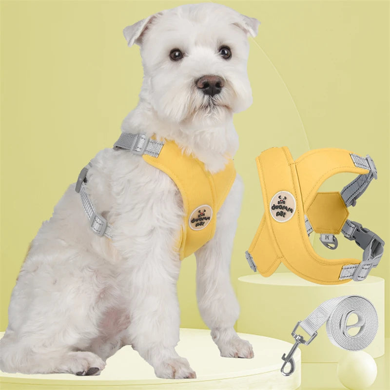 Harnais pour chien GentleGrip™ jaune en X, polyester et coton, rembourré éponge, avec laisse.