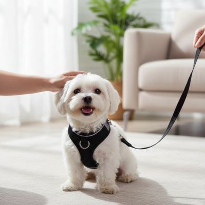 Petit chien blanc assis dans un salon lumineux, portant un harnais pour chien noir relié à une laisse, pendant qu’une main le caresse.