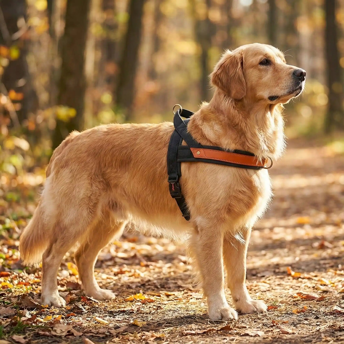 Harnais pour chien noir et cuir sur un Golden Retriever debout en automne.