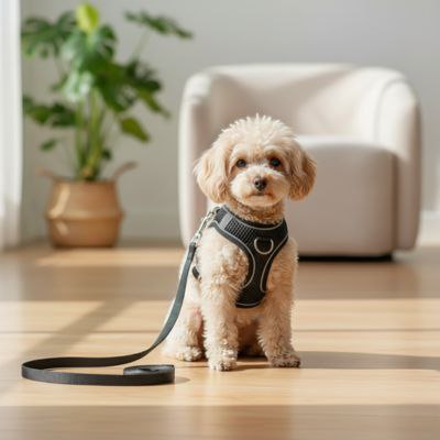 Caniche Toy assis avec le harnais pour chien noir modèle V3 Noir et sa laisse en nylon.