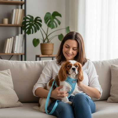 Femme sur un canapé câlinant un Cavalier King Charles avec un harnais pour chien bleu ciel