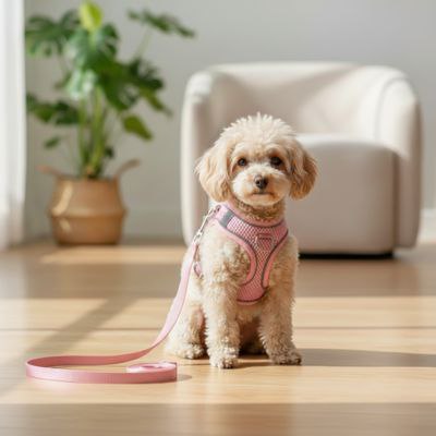 Caniche Toy portant le harnais pour chien modèle V4 Rose avec laisse assortie.