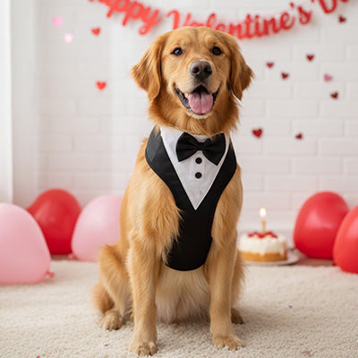 Golden Retriever avec harnais pour chien tuxedo devant un gâteau et décor de la Saint-Valentin.