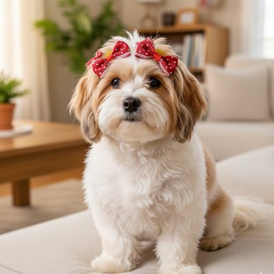 Bichon Havanais assis en intérieur portant un noeud papillon chien rouge à pois blancs.
