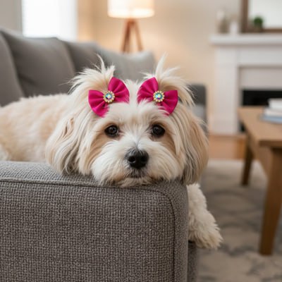 Havanais sur canapé gris avec deux accessoires noeud papillon chien rose fuchsia.