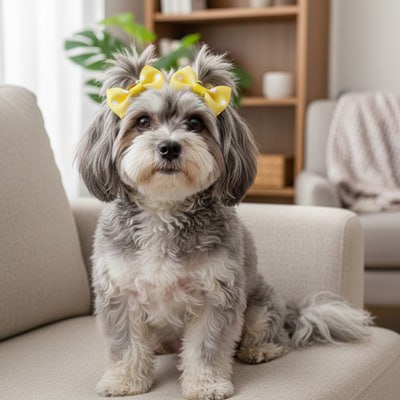 Bichon Havanais gris et blanc assis portant un noeud papillon chien jaune à pois blancs.