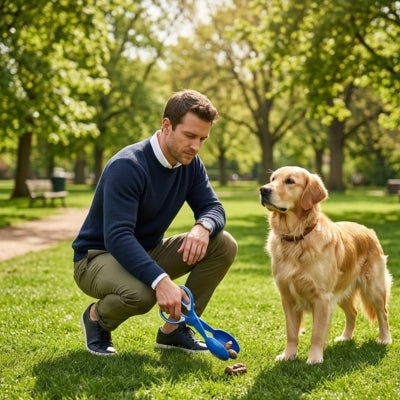 Homme accroupi avec une pelle a crotte chien ramassant un besoin à côté d'un Golden Retriever.