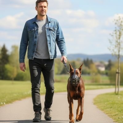Homme marchant sur un sentier avec un Doberman équipé d'une muselière chien.