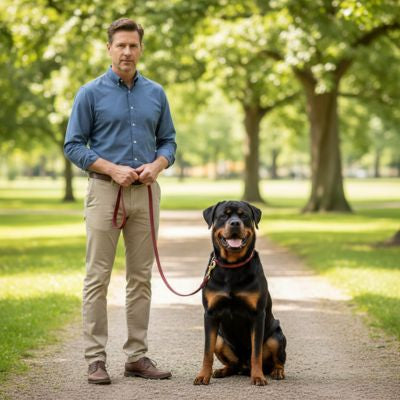 Homme en extérieur tenant une longe pour chien bordeaux attachée à un Rottweiler.
