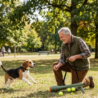 Homme agenouillé avec son chien Beagle à côté d'un lanceur de balle pour chien vert.