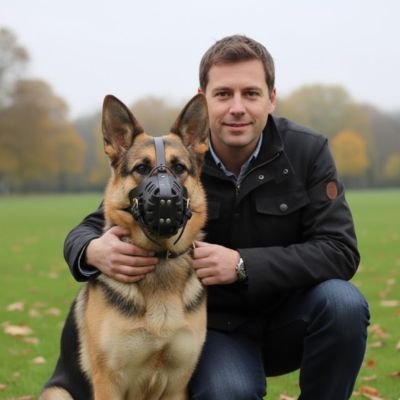 Homme accroupi tenant un Berger Allemand portant une muselière chien noire.