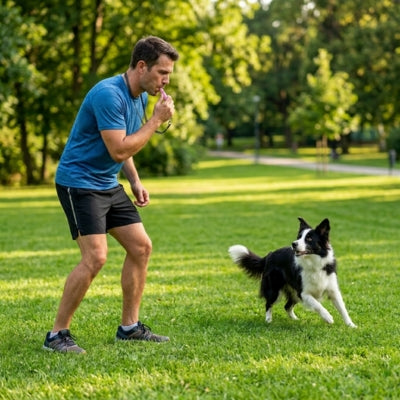 Un homme utilise des sifflets ultrasons pour chiens avec un Border Collie dans un parc verdoyant.