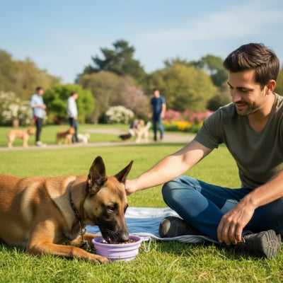Homme caressant son Berger Belge mangeant dans des gamelles chien pliables violettes au parc.