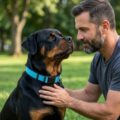 Homme caressant un Rottweiler portant un collier pour chien bleu vif dans un parc.