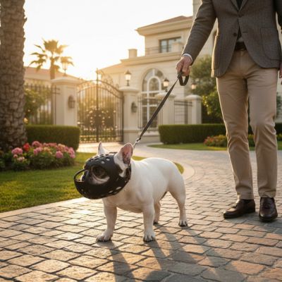 Homme en costume tenant un bouledogue français avec muselière pour bouledogue français noire.