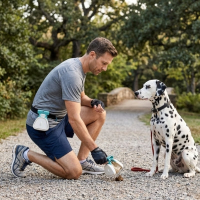 Homme à genoux avec un Dalmatien utilisant son ramasse crotte chien blanc au parc.