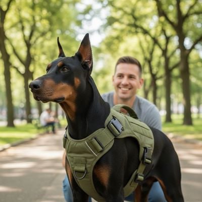 Homme souriant tenant un Dobermann équipé d'un harnais anti traction chien vert.